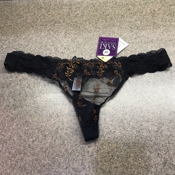 🆕 SAKI Silver Black Lace Thong, Copper Accents, Medium - Picture 1 of 5